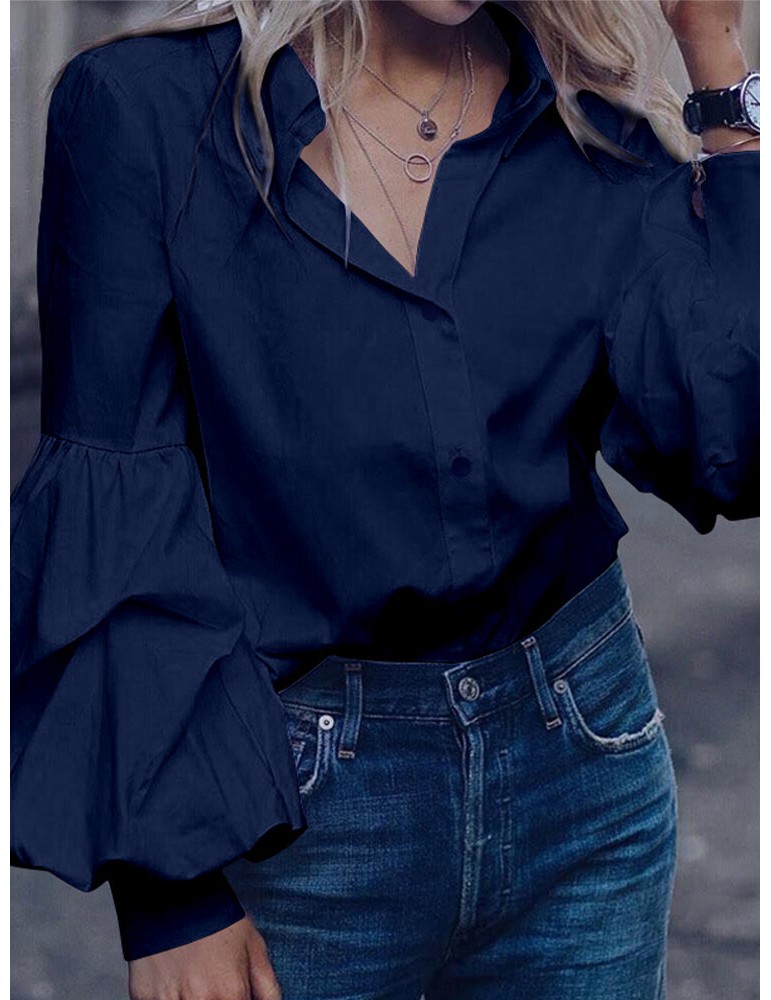 Solid Color Turn-down Collar Long Puffs Sleeve Blouse For Women